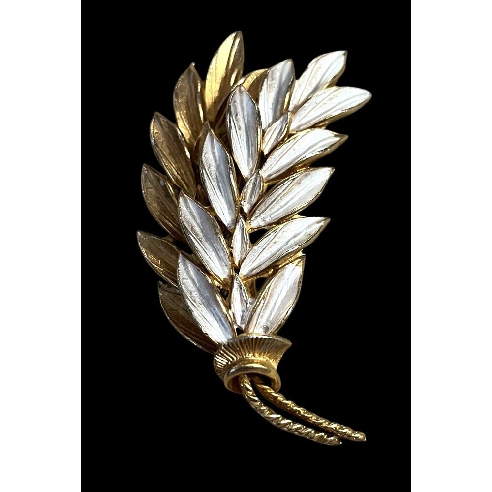 Vintage Gold & White Enamel Wheat Sheaf Brooch Pin Retro Jewelry